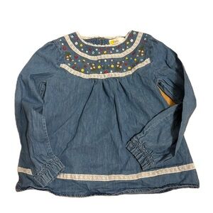 Boden Embroidered Floral Chambray Top Blouse Sz 6-7 Blue Peasant Top